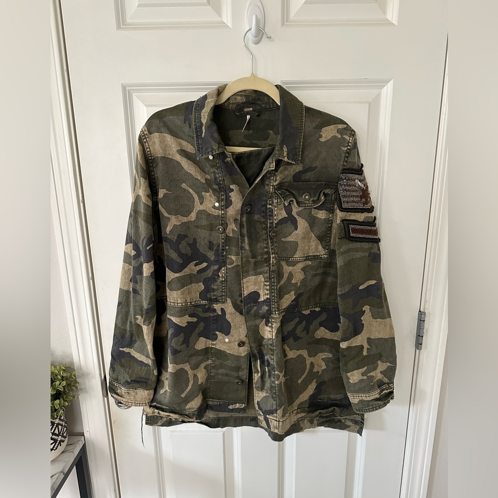 Free People Embellished Military Shirt Jacket In Green Camo, Size M